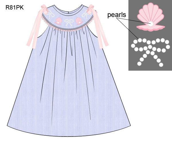 PRE-ORDER SHELL SMOCKED PEARL DRESS BLUE LINEN