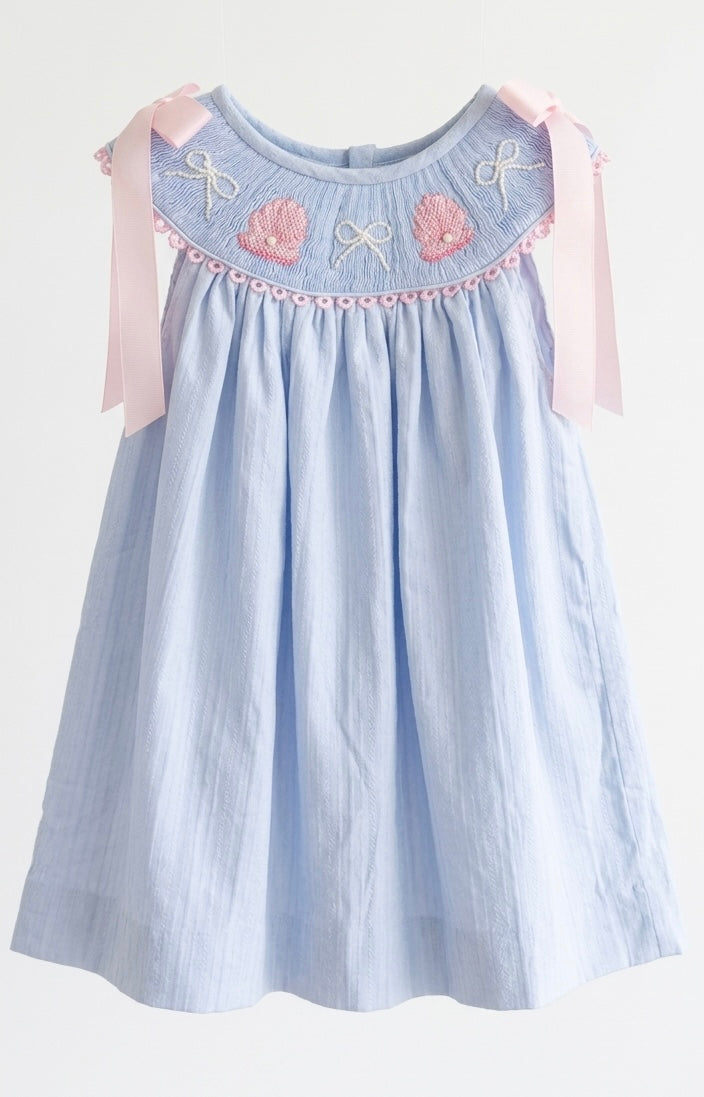 SHELL SMOCKED PEARL DRESS BLUE LINEN