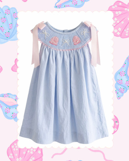 SHELL SMOCKED PEARL DRESS BLUE LINEN