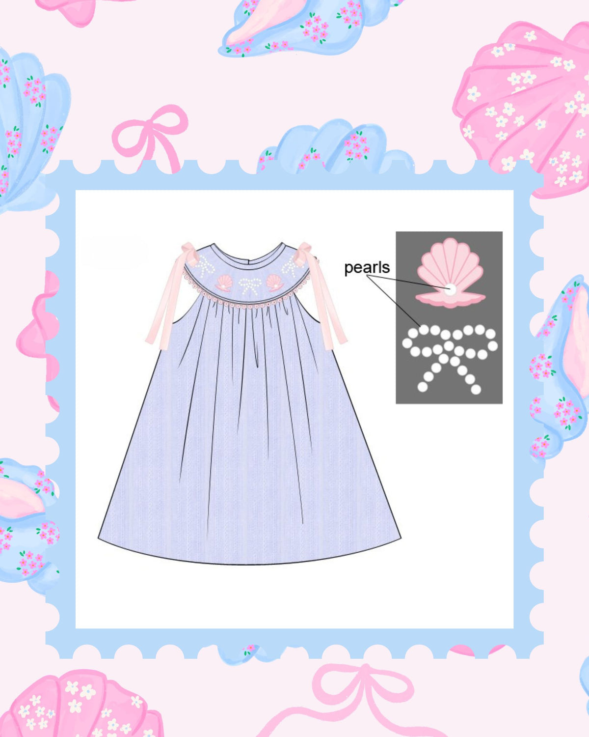 Shell Smocking SHELL SMOCKED PEARL DRESS BLUE LINEN – Bonnet & Bow Smocking Co.
