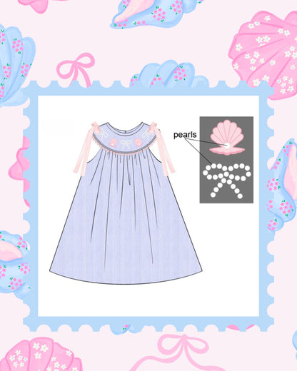 PRE-ORDER SHELL SMOCKED PEARL DRESS BLUE LINEN