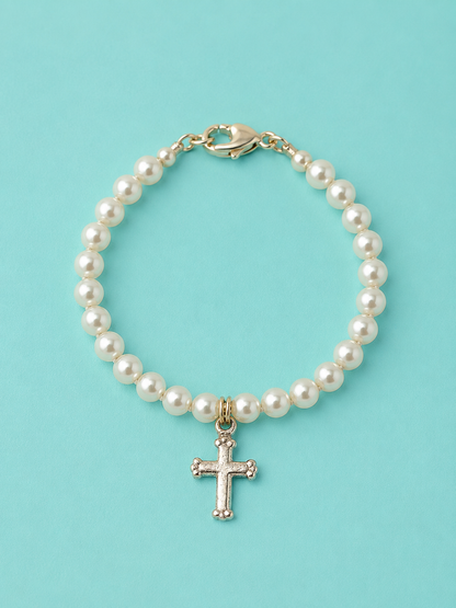 Religious Pearls w/ Ornate Cross Bracelet, Children Jewelry