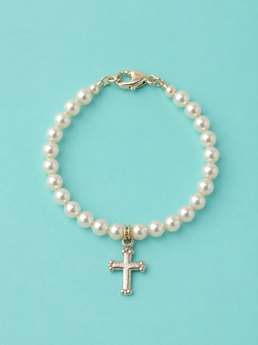 Religious Pearls w/ Ornate Cross Bracelet, Children Jewelry