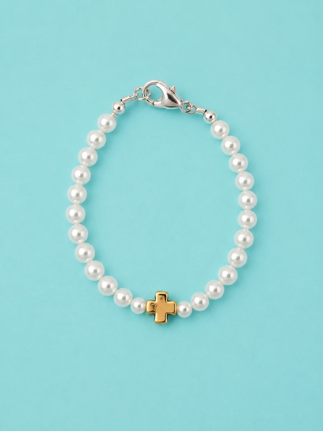 Classic Pearls & Gold Cross Bead, Bracelet, Children Jewelry