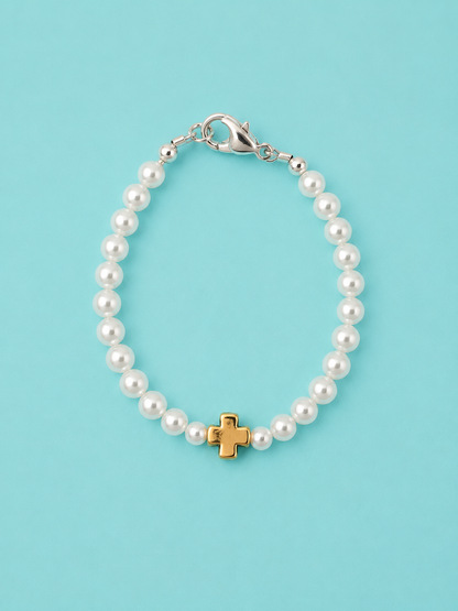 Classic Pearls & Gold Cross Bead, Bracelet, Children Jewelry
