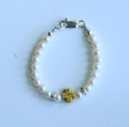 Classic Pearls & Gold Cross Bead, Bracelet, Children Jewelry (SHIPS MID MARCH)